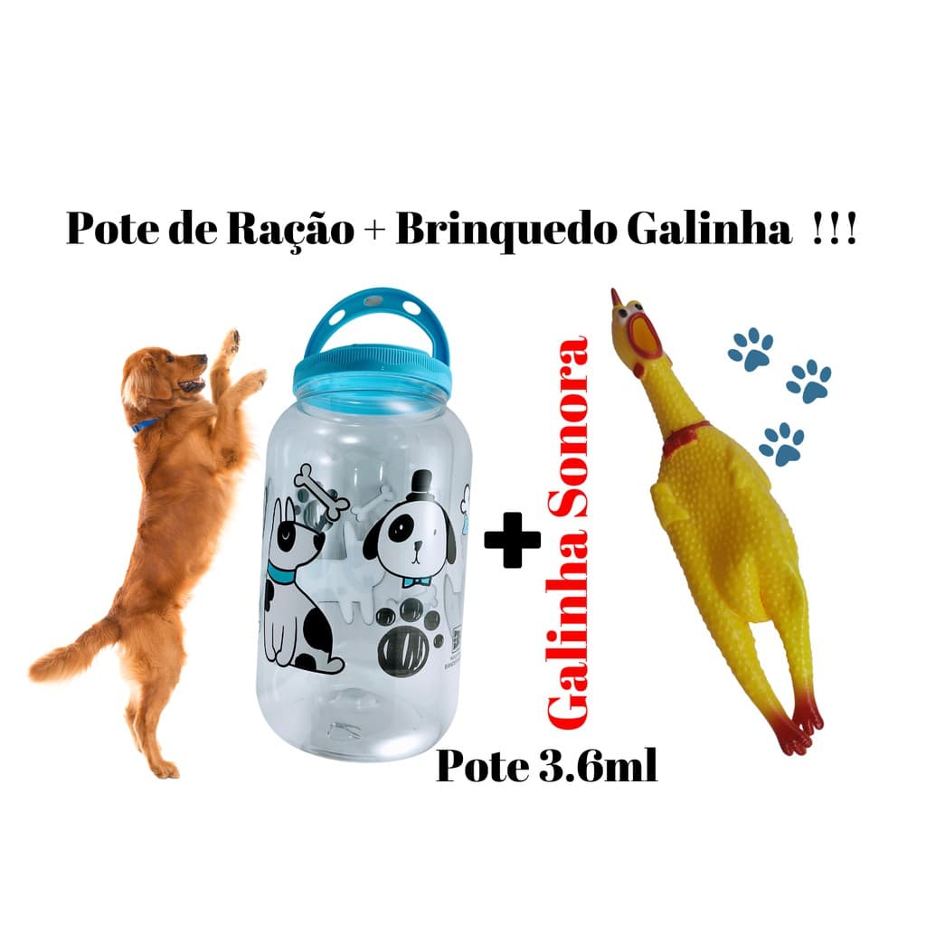 KIT Pote Porta Ração 3.6 + Brinquedo Galinha Sonora, Cachorros  Cães Gato gatos Com Alça - Para Armazenar Ração