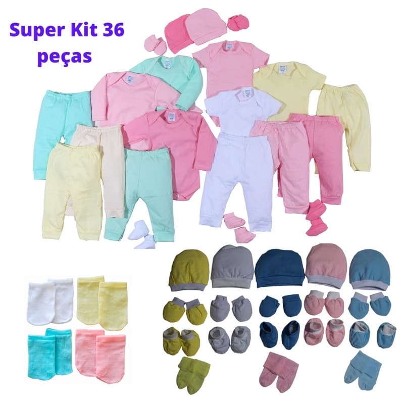 Kit  36 peças enxoval maternidade body mijão  calças  toucas luvas meias completo 100% algodão roupa de bebê.