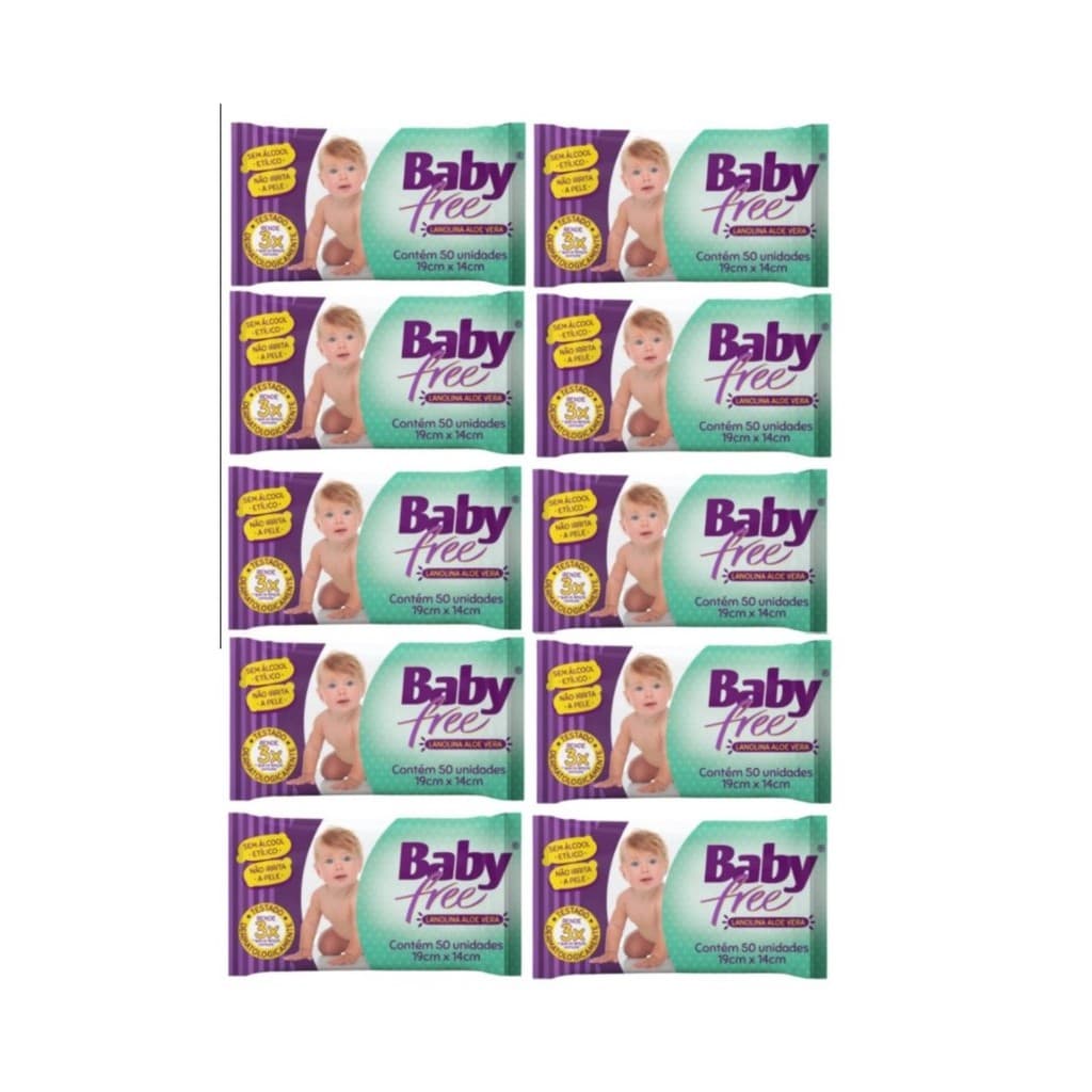 Baby Free Kit com 10 Lenços Umedecidos Qualybless 10 Pacotes com 50 unidades (Total: 500 lenços)