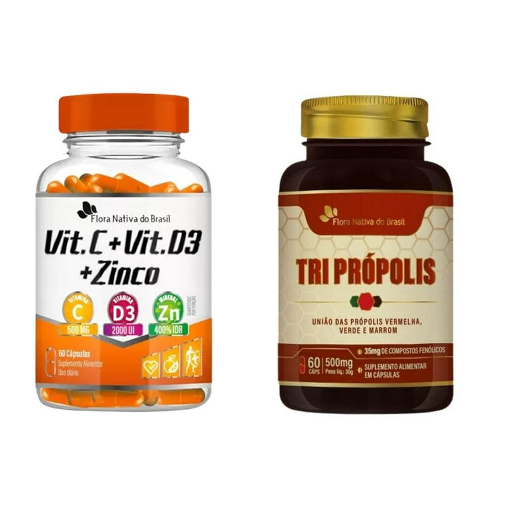 Vitamina C, Vitamina D3, Zinco 60caps + Tri Própolis 60caps