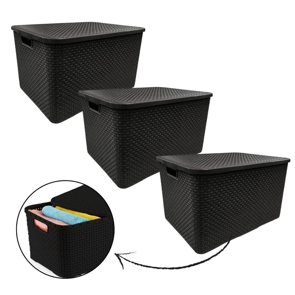 Kit 3 Caixa Organizadora Cesto Multiuso Com Tampa Rattan Empilhavel 15 Litros Organizar Cozinha