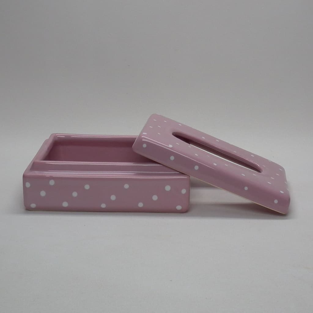 Caixa Porta Lenço Umedecido Porcelana para Kit Higiene Bebê ou Banheiro Cor Rosa Bebe com Poá