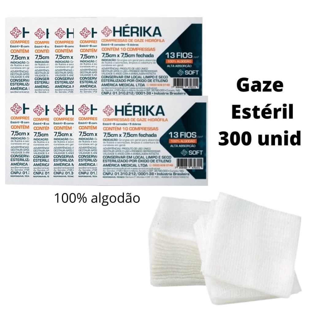 Kit 100 A 300 Un Compressa Gaze Hidrófila Estéril Cirúrgica 09 Fios 7,5cm x 7,5cm Absorção Maciez