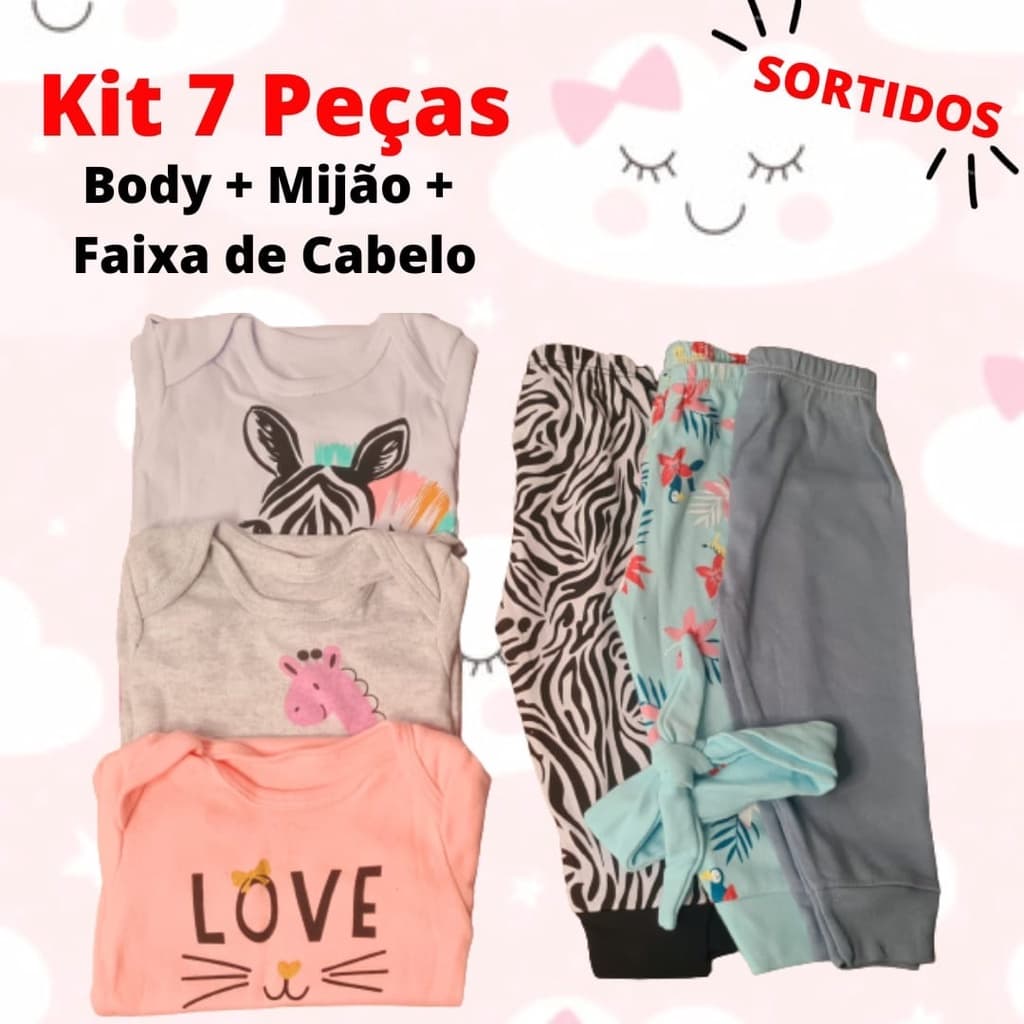 Kit body Bebê 7 Peças Menina Body Manga Curta Longa + Mijão + Faixa de Cabelo 100% Algodão Estampas Sortidas Tamanho P M G e GG Enxoval Recém-nascido Roupa de Bebê Barata