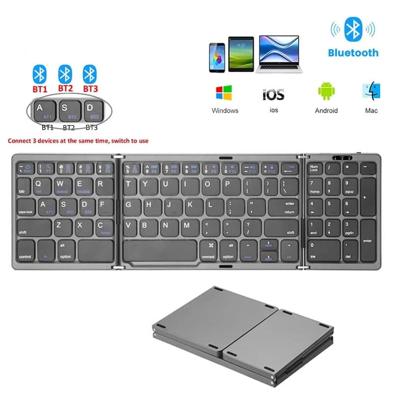 Teclado Dobrável Bluetooth Com Telefones Numéricos Sem Fio Para IOS/Android/Windows Sincronização De 3-Devices