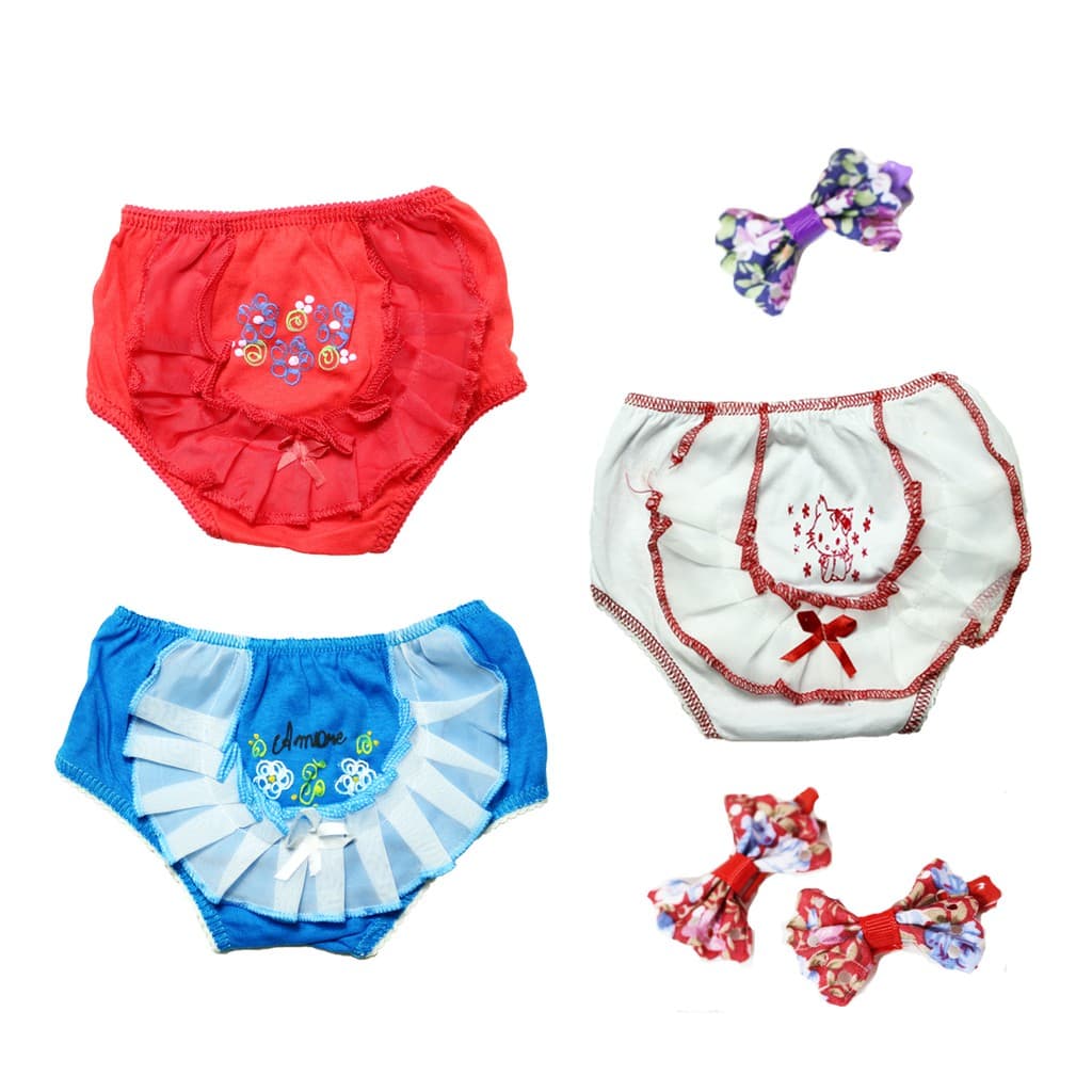Kit 3 Calcinhas Bebê Infantil Bunda Rica Tapa Fraldas algodão e 3 Lacinhos de cabelo