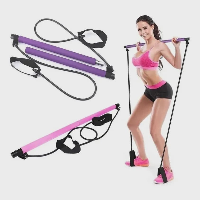 Kit Barra De Pilates e Yoga Portátil Extensor Com Barra e Elástico Treino Musculação Crossfit Treino em Casa Rosa/Roxo ORIGINAL