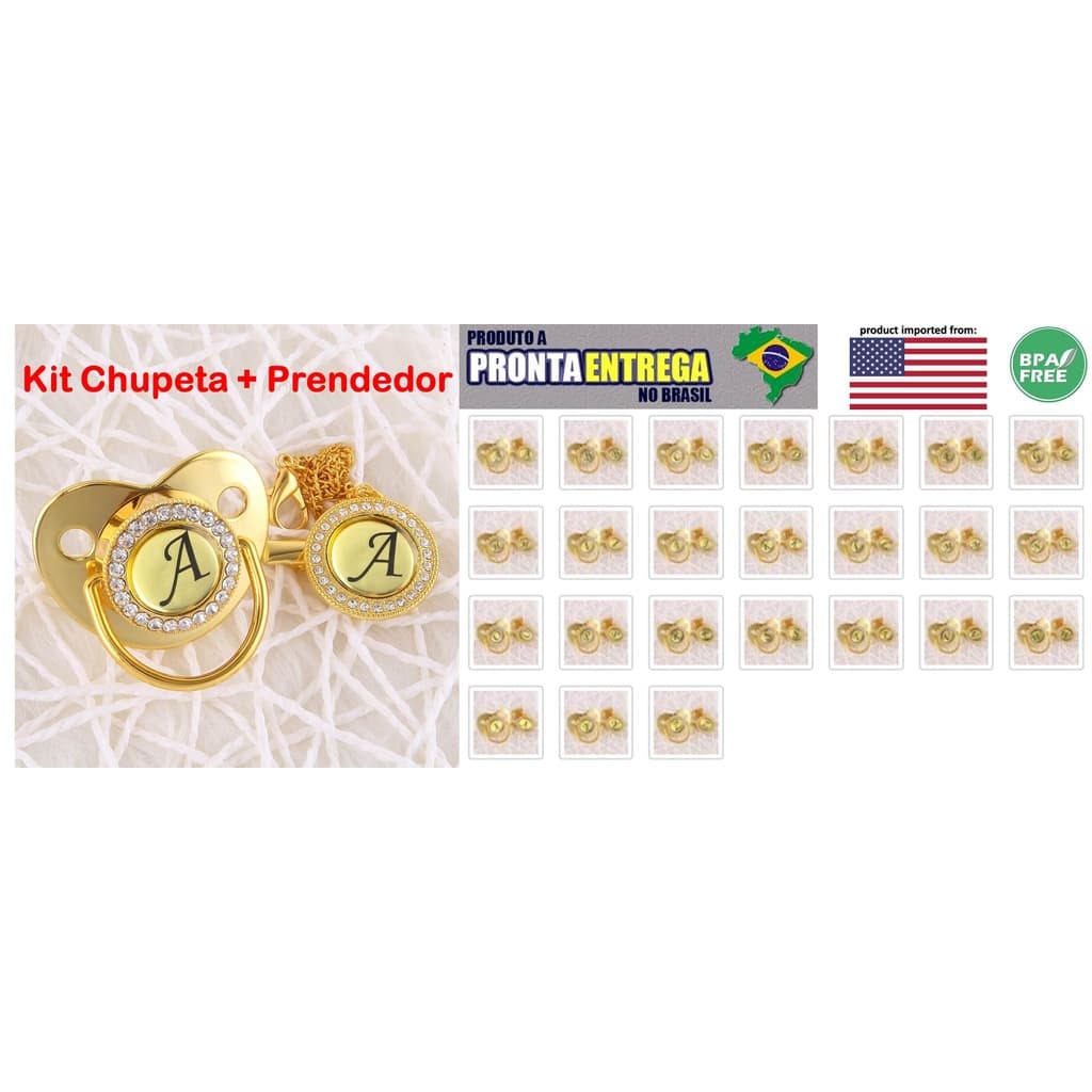 Chupeta De Luxo c/ Prendedor Dourada C/ Inicial E Strass