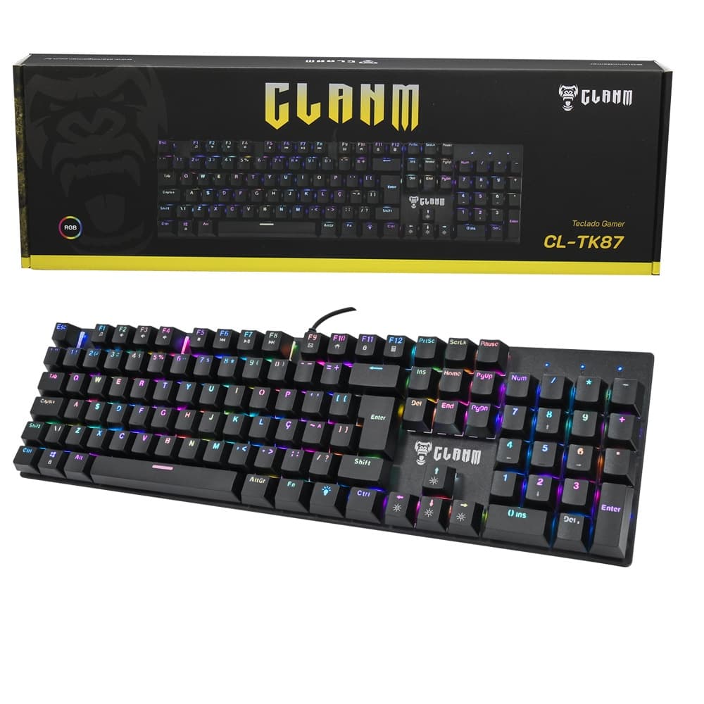 TECLADO GAMER COM LED CLANM TK87 MECANICO Mecânico RGB Iluminação Jogos PC Escritório