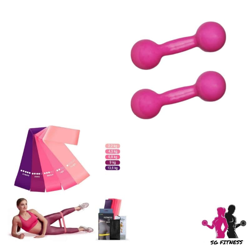 Kit Treino Rosa Par Pesinhos De Academia 1 Kg + Kit Theraband 5 Elásticos