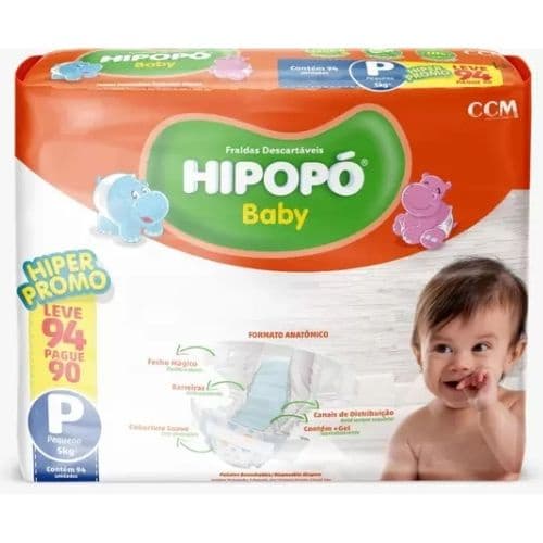 Fralda Descartável Hipopó Baby Pacote Hiper P 94 Unidades Ate 10h Absorçao Recem Nascido Hipoalergenica