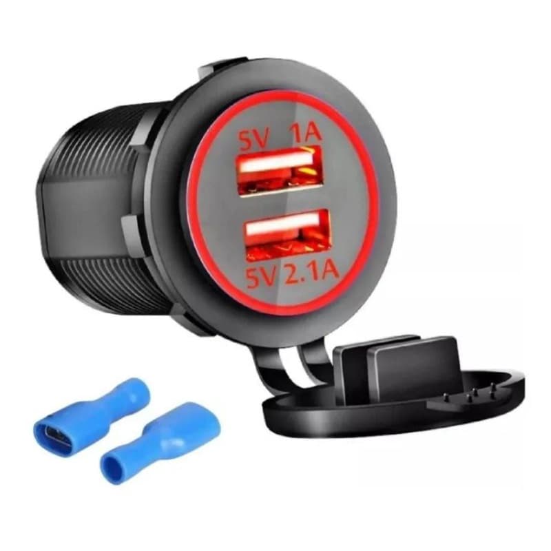 Tomada  Carregador USB Veicular  Vermelha  ( duas saídas 2.1A+1A ) substitui o acendedor.