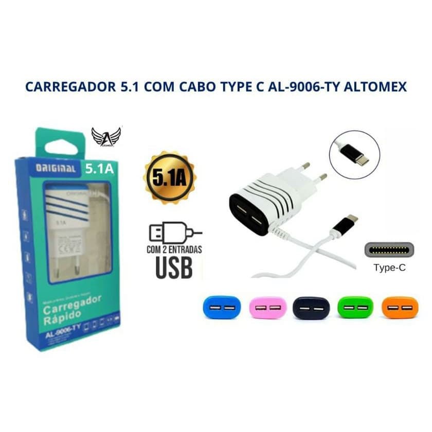 Carregador de Celular Super Rápido Turbo 5.1A Tipo C 2 Entradas USB AL-9006-TC Altomex
