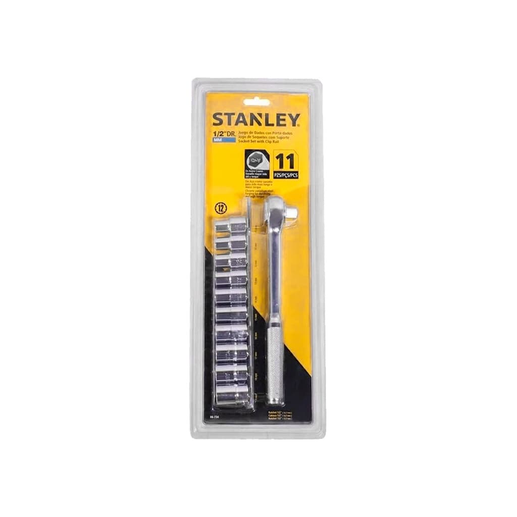 Kit Jogo Soquetes Stanley 1/2 mm 86-734 com Suporte Catraca Reversível 11 Peças