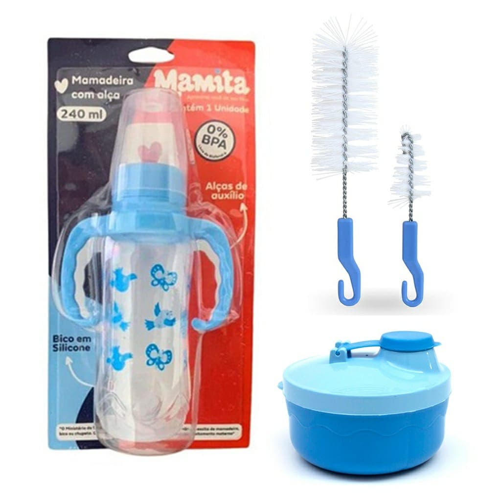 Kit Amamentação bebê, Mamadeira com alça e bico de silicone achatado 240 ml + Escova de Lavar Mamadeira + Porta Leite