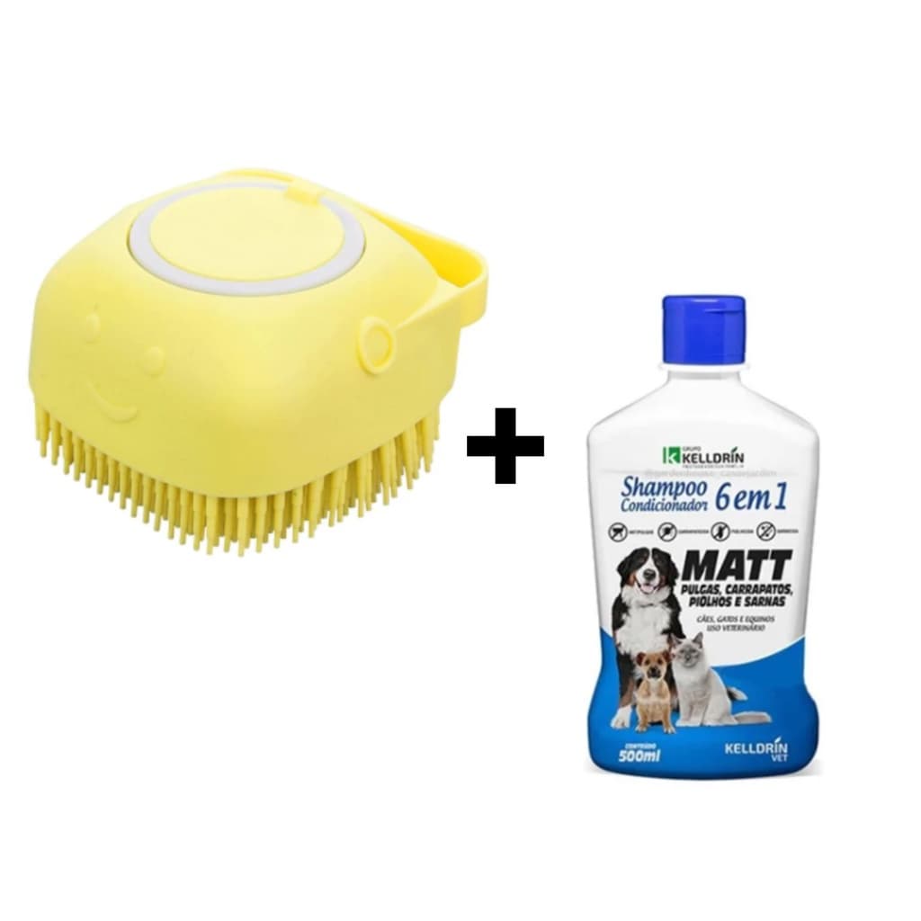 Escova de banho lava pelo cachorro mais shampoo anti pulgas. Exclusivo kit de escova siliconada mais shampoo condicionador 6 em 1. Kit para deixar seu pet mais bonito e limpo