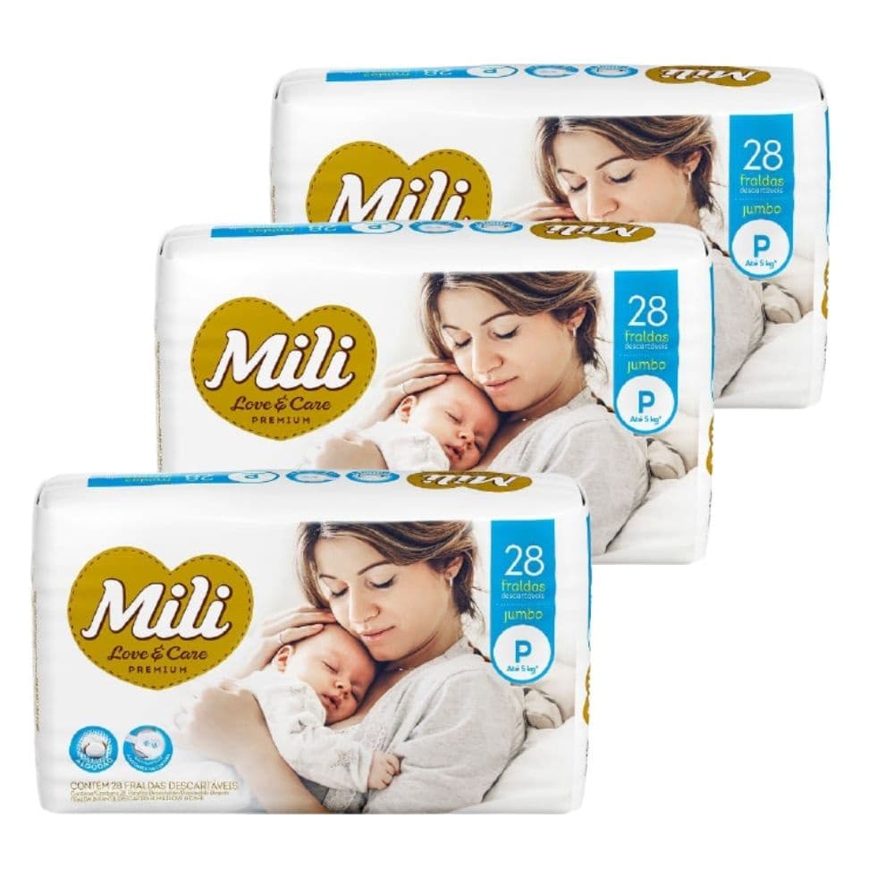 Fralda Descartável Mili   Love & Care  Linha Premiun   Tamanho P  3 Pacotes c/ 28 (total 84 fraldas)