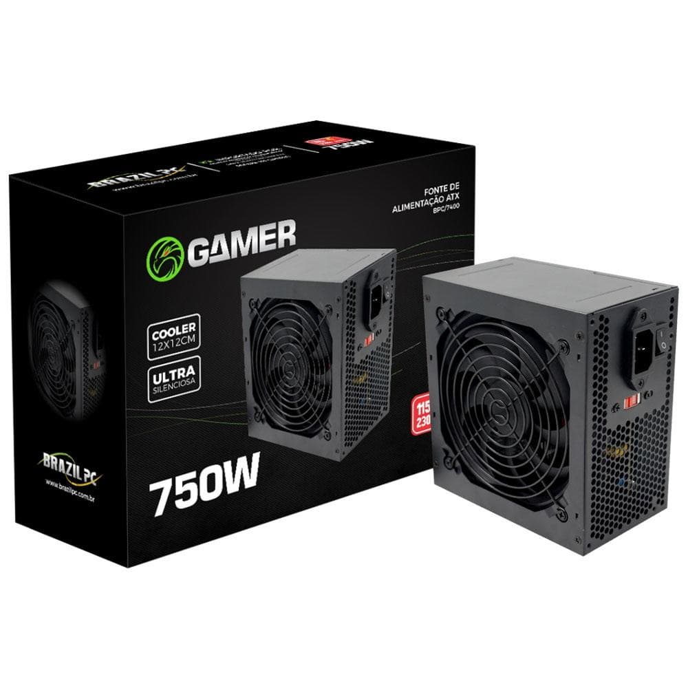 Fonte De Alimentação Atx Pc 750w Reais Gamer Super Silenciosa Bivolt + Cabo Energia Inmetro
