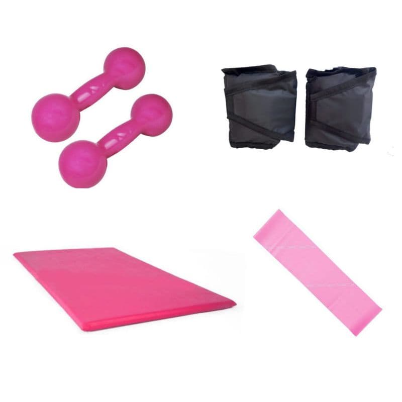 Kit Aeróbico Treino Completo Halter 2 Kg Rosa + Par Caneleira 2 Kg + Colchonete Rosa D24 + Elástico