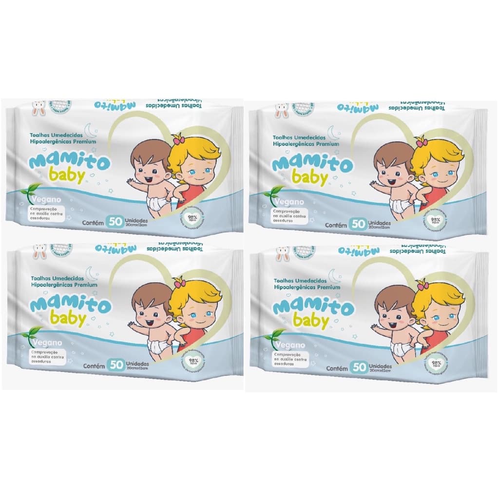 Kit com 4 - Lenços Umedecidos Mamito Baby Tradicional Toalhas Umedecidas Chams 50 Unidades