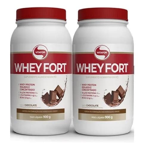KIT COM 2 WHEY FORT VITAFOR 900GR WHEY PROTEIN SABOR CHOCOLATE