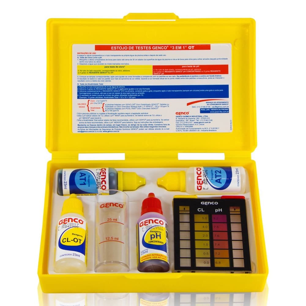 Estojo Kit de Análises Genco 3 em 1 - Kit completo para medir Cloro, PH e Alcalinidade de água