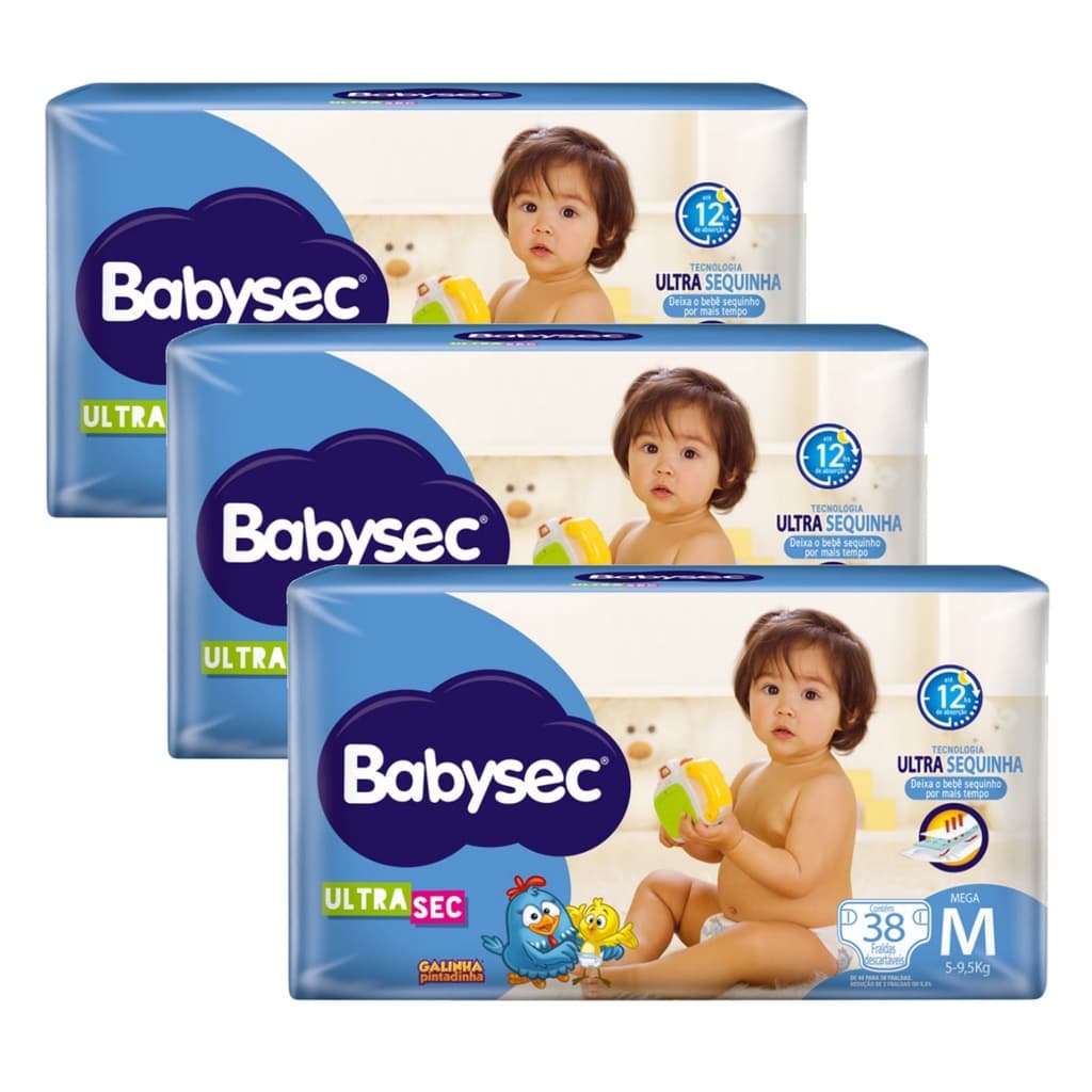 Fraldas Descartáveis Kit com 3 Pacotes Babysec Galinha Pintadinha - Tamanho M - 114 Unidades/Tiras