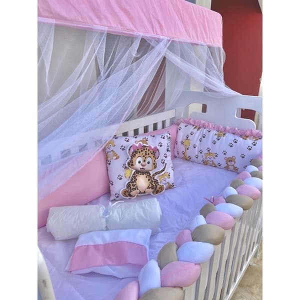 Kit berço 10 Peças Sublimado Bebê Onça Rosa - Para Berço Padrão Americano