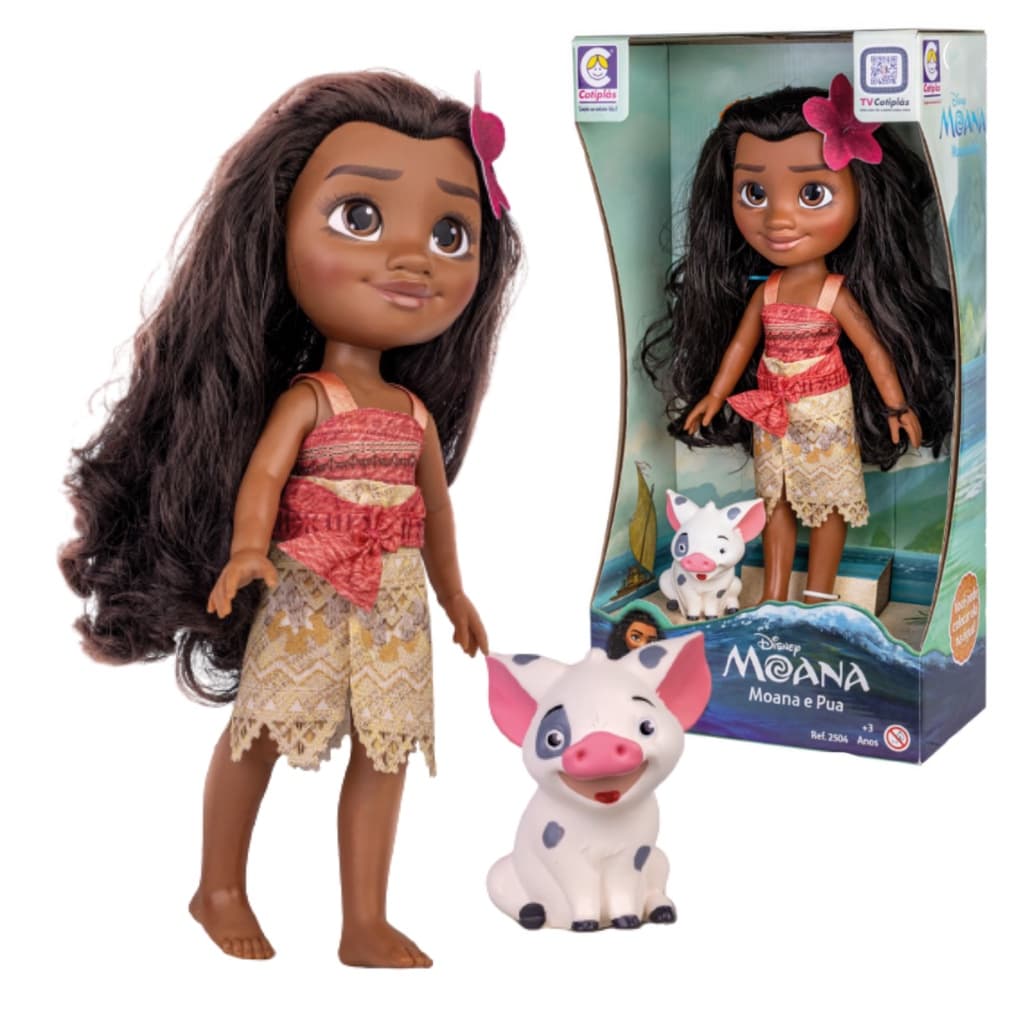 Boneca Princesa Moana + Porquinho Pua Articulados Kit Boneca + Porquinho Infantil Brinquedos Disney