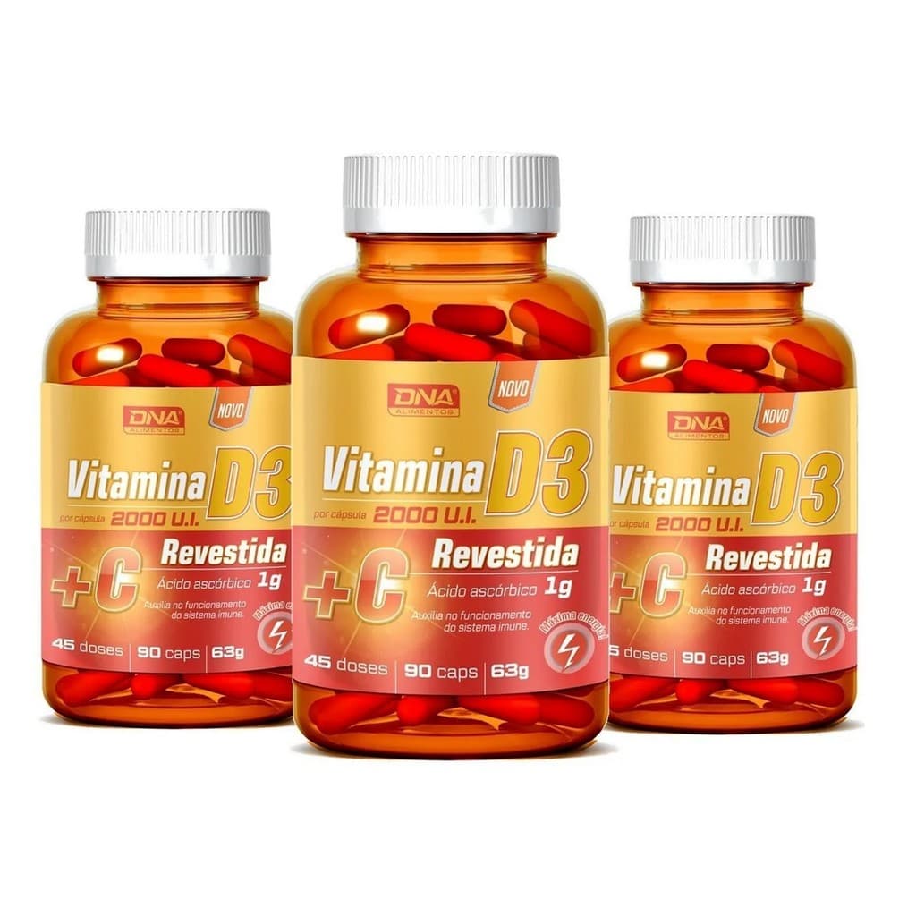 Kit 3 Vitamina D3 2.000ui + Vitamina C 1g 3x 90 Cáps Dna