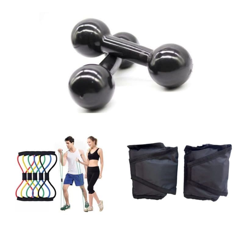 Kit Treino Completo - Par Halter 3 Kg + Tornozeleira 3 Kg + Elástico Multifuncional