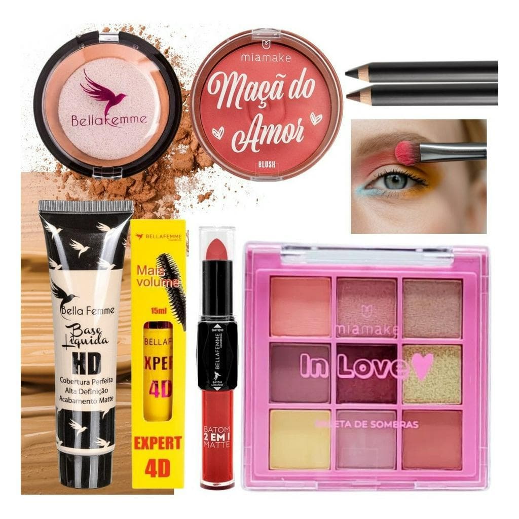 Kit de Maquiagem Blush Pó Compacto Base Liquida Batom Paleta de Sombra
