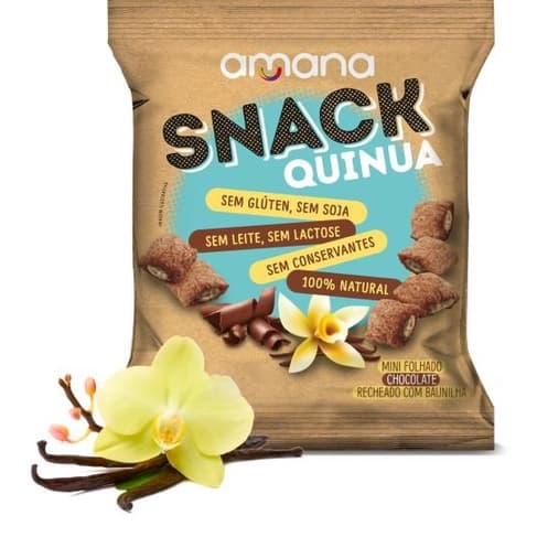 Snack de Quinua Chocolate Recheio Baunilha Sem Glúten Sem Lactose Vegano Amana 40g Apto Celíacos Lanche Fit Saudável