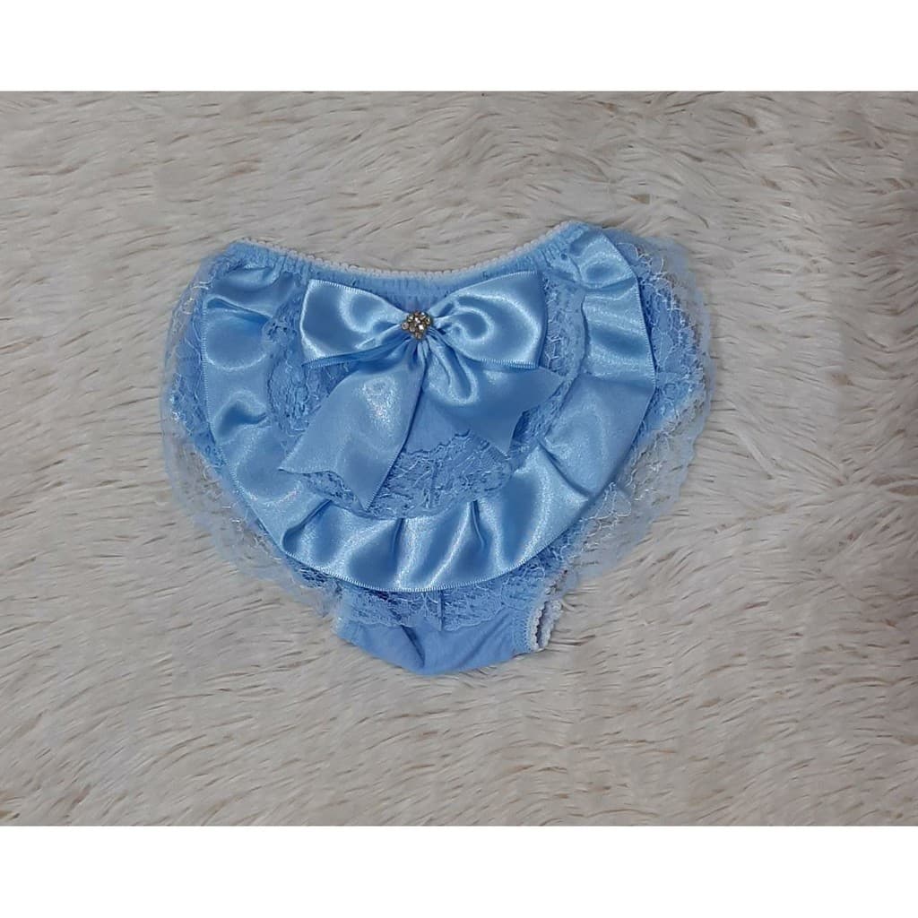 Calcinha Bunda Rica ou Tapa Fralda Azul Claro Com Renda e Laço Bebê. Calcinha que Deixa o Bumbum da Bebe Bem Fofo!