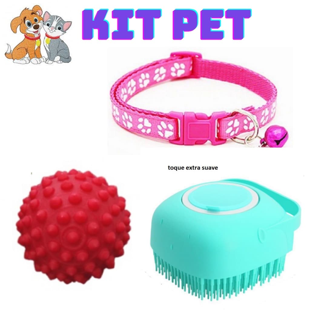 Kit Pet Divertido P Cães E Gatos 3pçs coleira porta shampoo e bola cravo