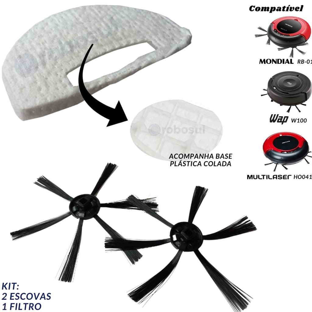 2 Escovas + 1 Filtro Para Robô Aspirador Wap W100 / Mondial RB01 / Multilaser HO041