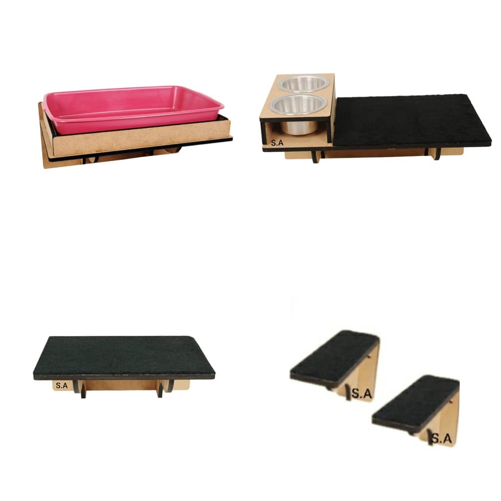 Kit Play Nicho Gato 5 peças Comedouro Suporte para Caixa de areia Prateleira Degrau de parede mdf