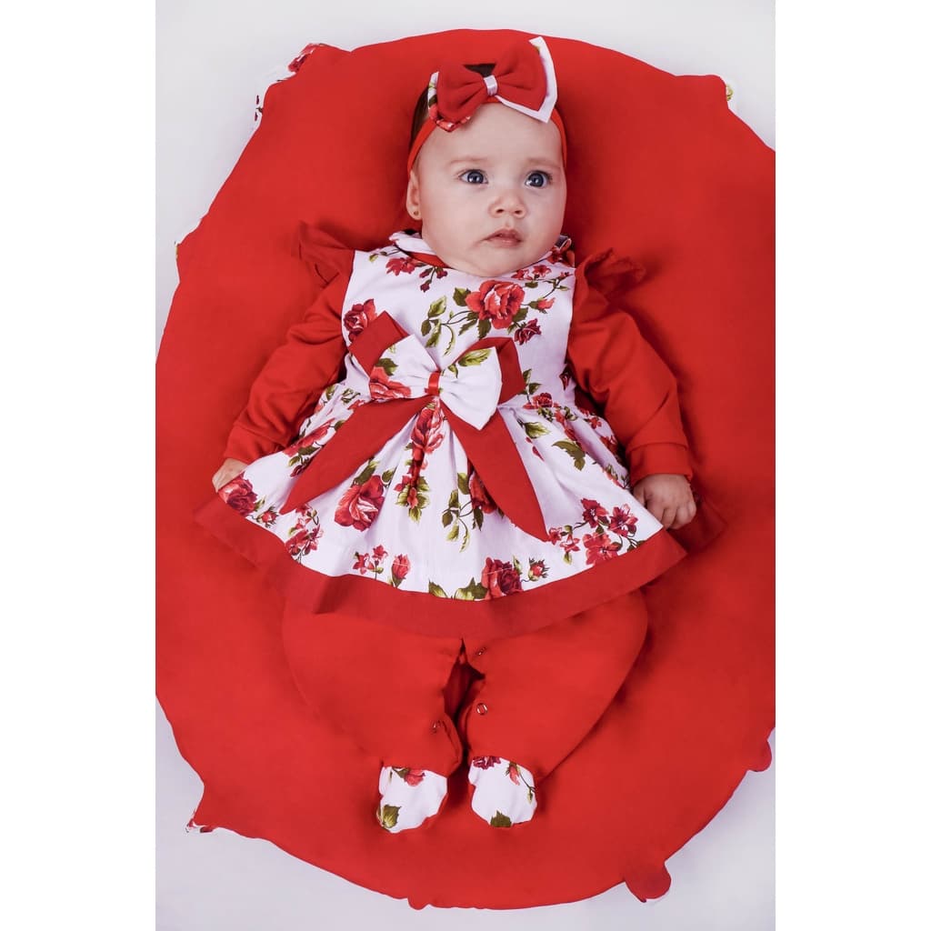 Saída de Maternidade Para Bebe Menina 04 peças Vermelha Floral Laura Roupa de Bebê Menina
