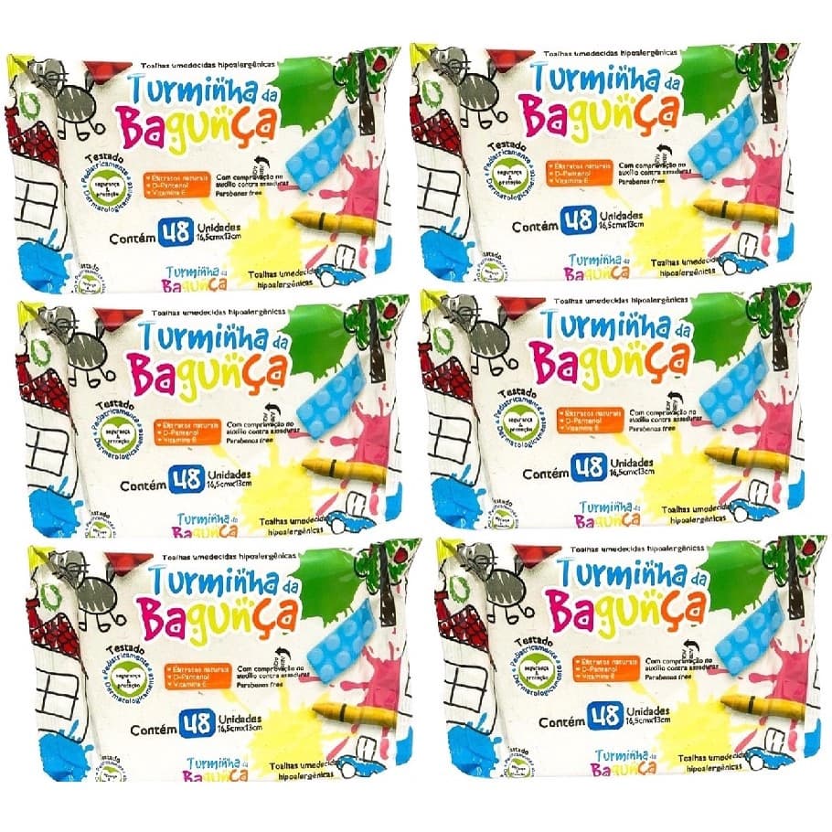 Kit com 6 - Lenço Toalha Umedecida Umedecido Turminha da Bagunça 48Unidades 288 Unidades total