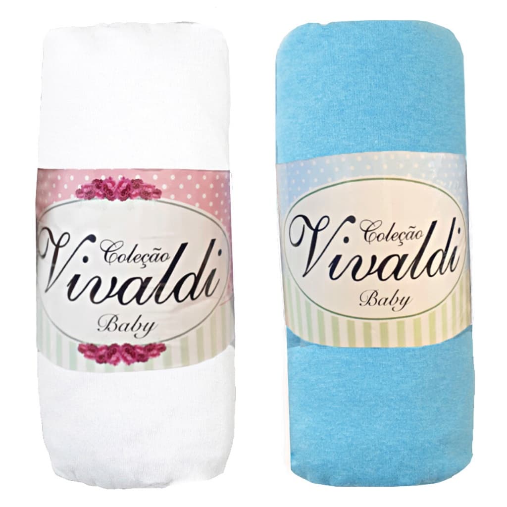 Lençol Infantil Com Elastico Berço Enxoval Bebe Vivaldi Kit 2 Peças Azul e Branco Menino