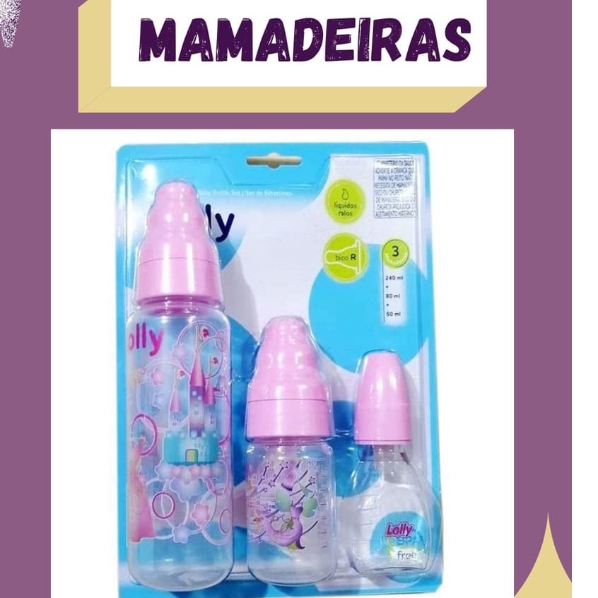 MAMADEIRA LOLLY  ( EMBALHAGEM)  O kit 3 mamadeiras Lolly foi produzido em poliéster, PP e silicone.