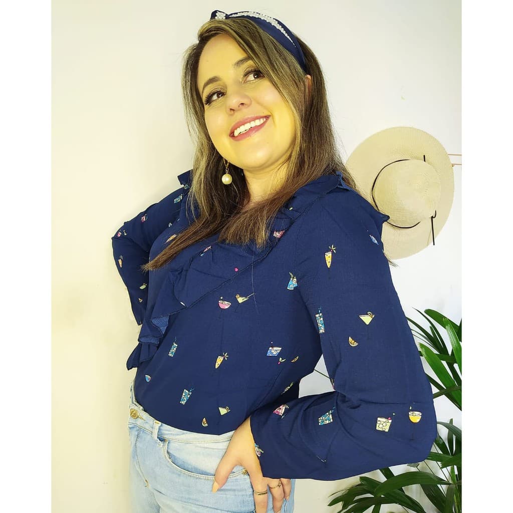 Camisete Camisa Blusa Feminina Manga Longa Comprida Social Casual Slim Moda Blogueiras #camisete social Marinho
