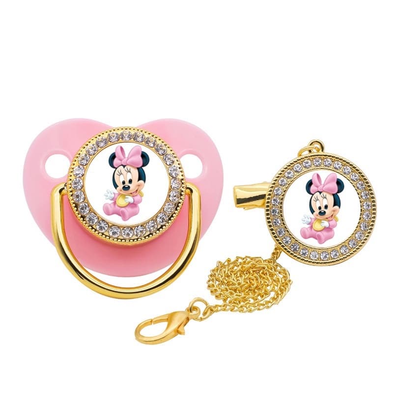 Chupeta De Bebê Luxuosa Rosa Minnie Baby Bling Com Clipe De Corrente