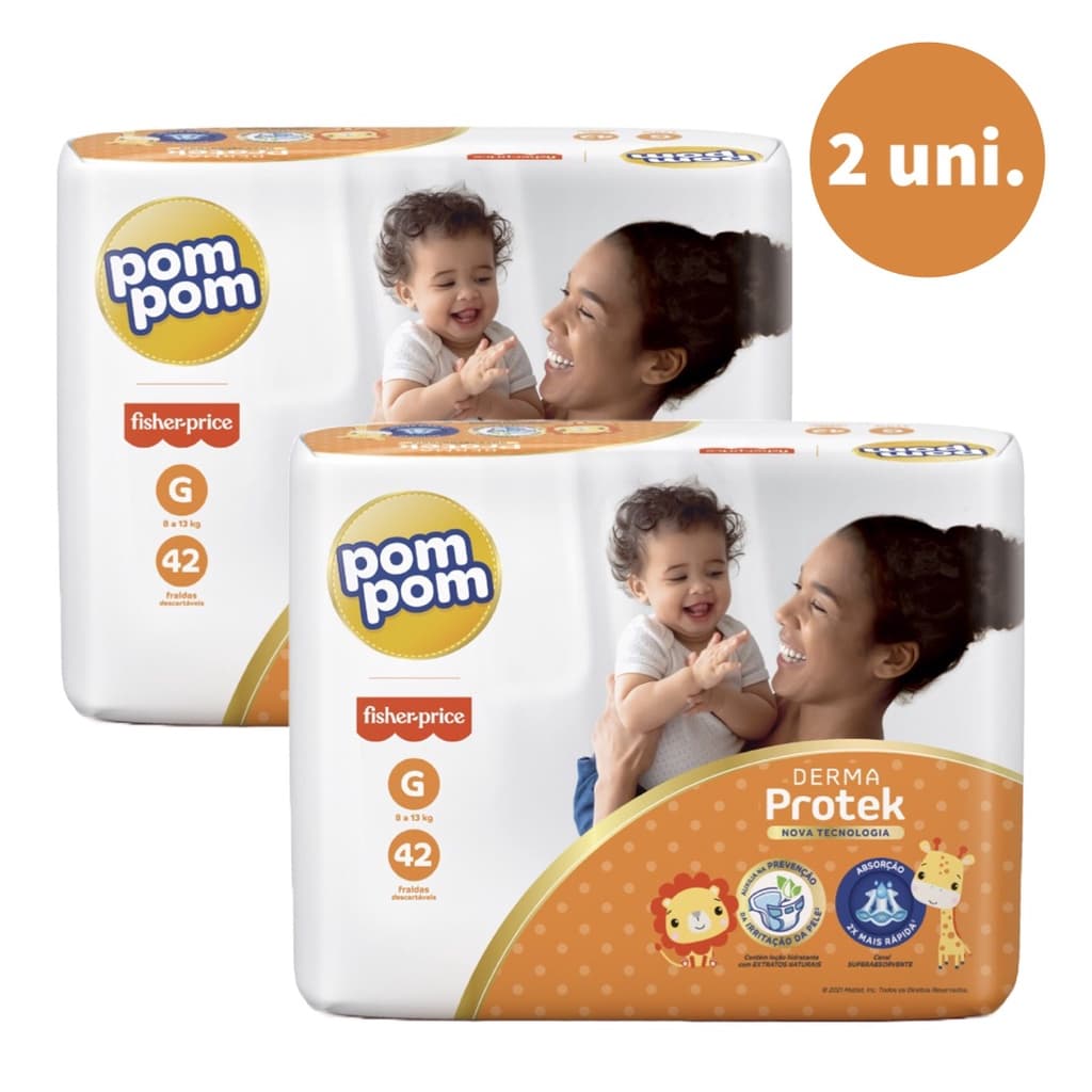 Kit com 2 Pacotes Fralda Descartável Pom Pom Derma Protek Mega