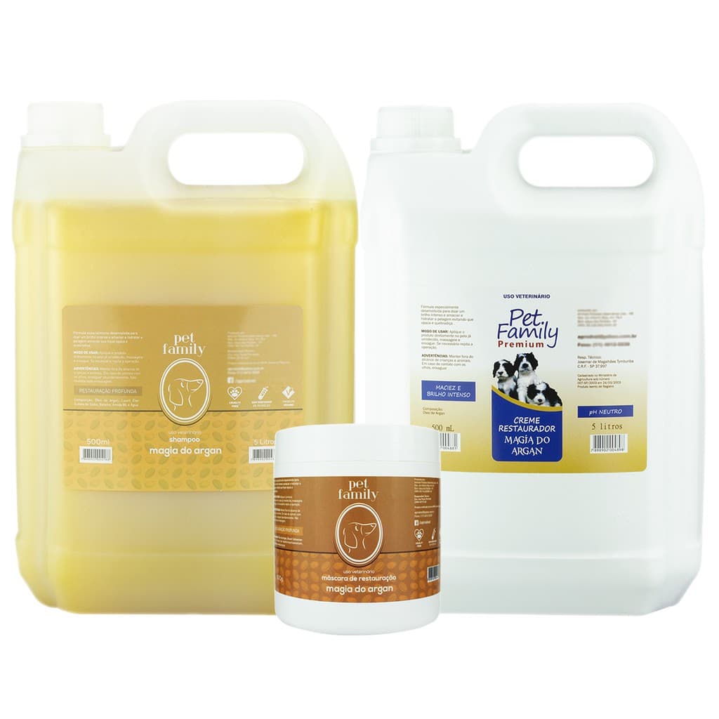 Kit Para Banho Pet Profissional Magia Do Argan Hidratante Shampoo Condicionador Máscara Cães Gatos