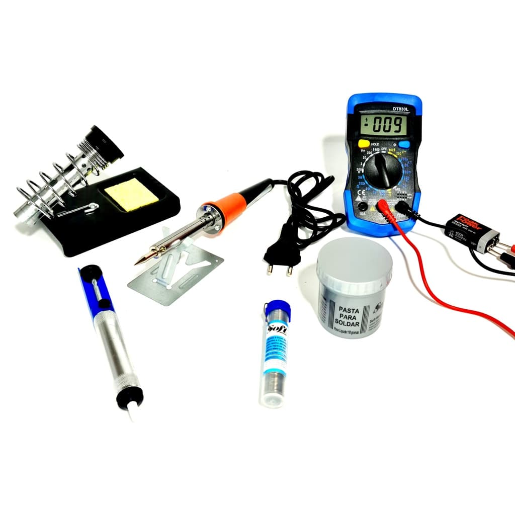 Kit De Solda Ferro De Solda 40w 110v + Suporte Para Ferro Multimetro Digital Dt830l + Pasta + Estanho + Sugador