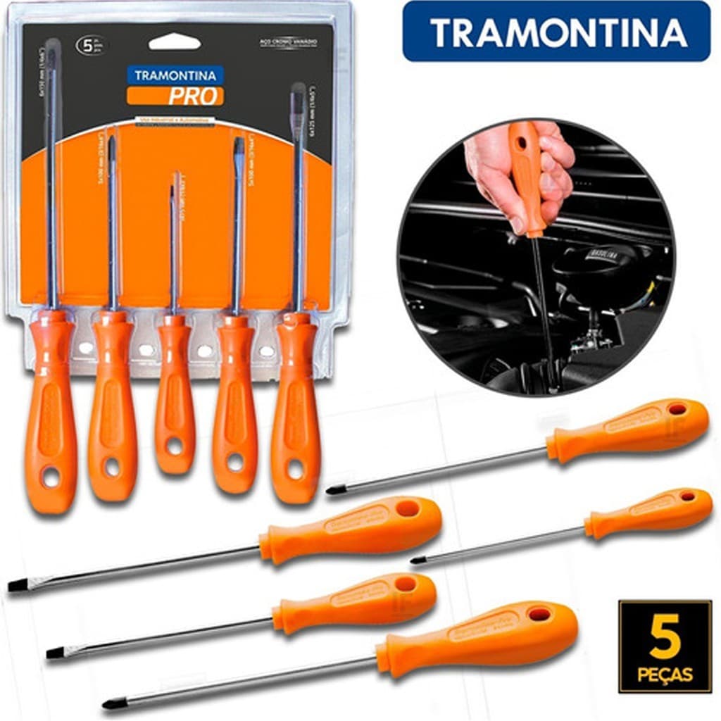 Jogo Kit De Ferramentas Chaves Fenda E Phillips Kit 5 Peças Tramontina PRO Profissional Completo