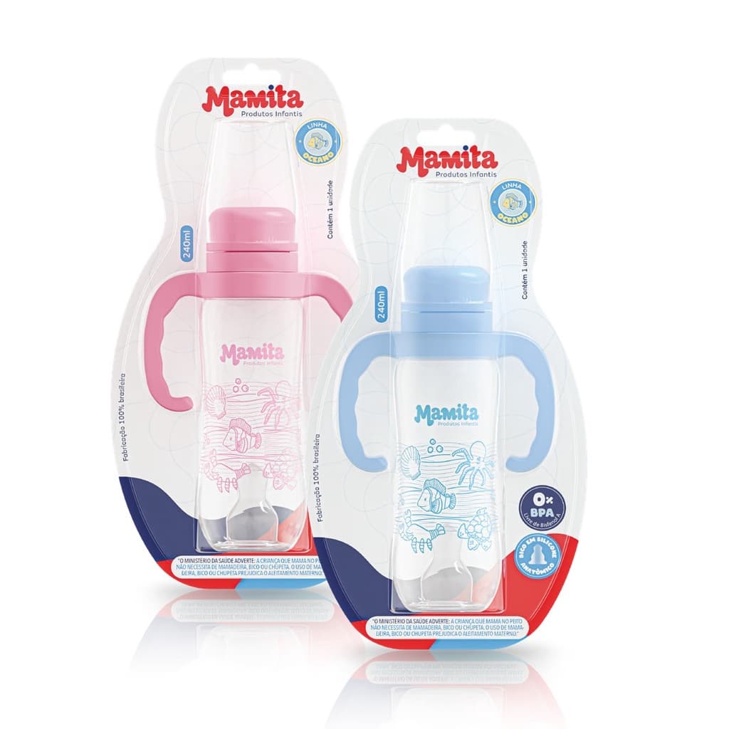 Mamadeira Bebe Com Alça Bico Ortodôntico Silicone 240ml Mamita