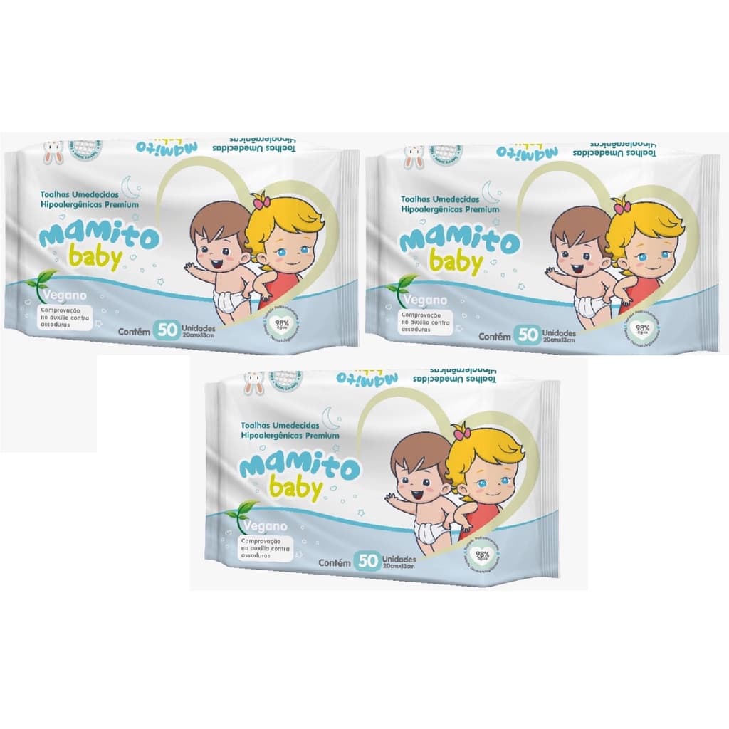 Kit com 3 - Lenço Umedecido Mamito Baby Tradicional Toalha Umedecida Chams 50 Unidades