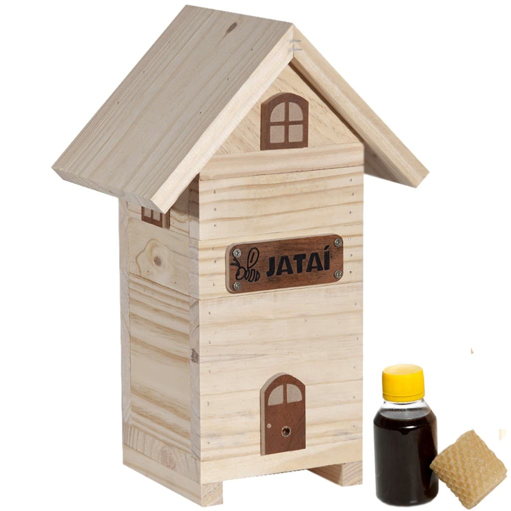 Kit Caixa Chalé para Abelha Jataí Modelo Casinha Identificada + Atrativo + Cera